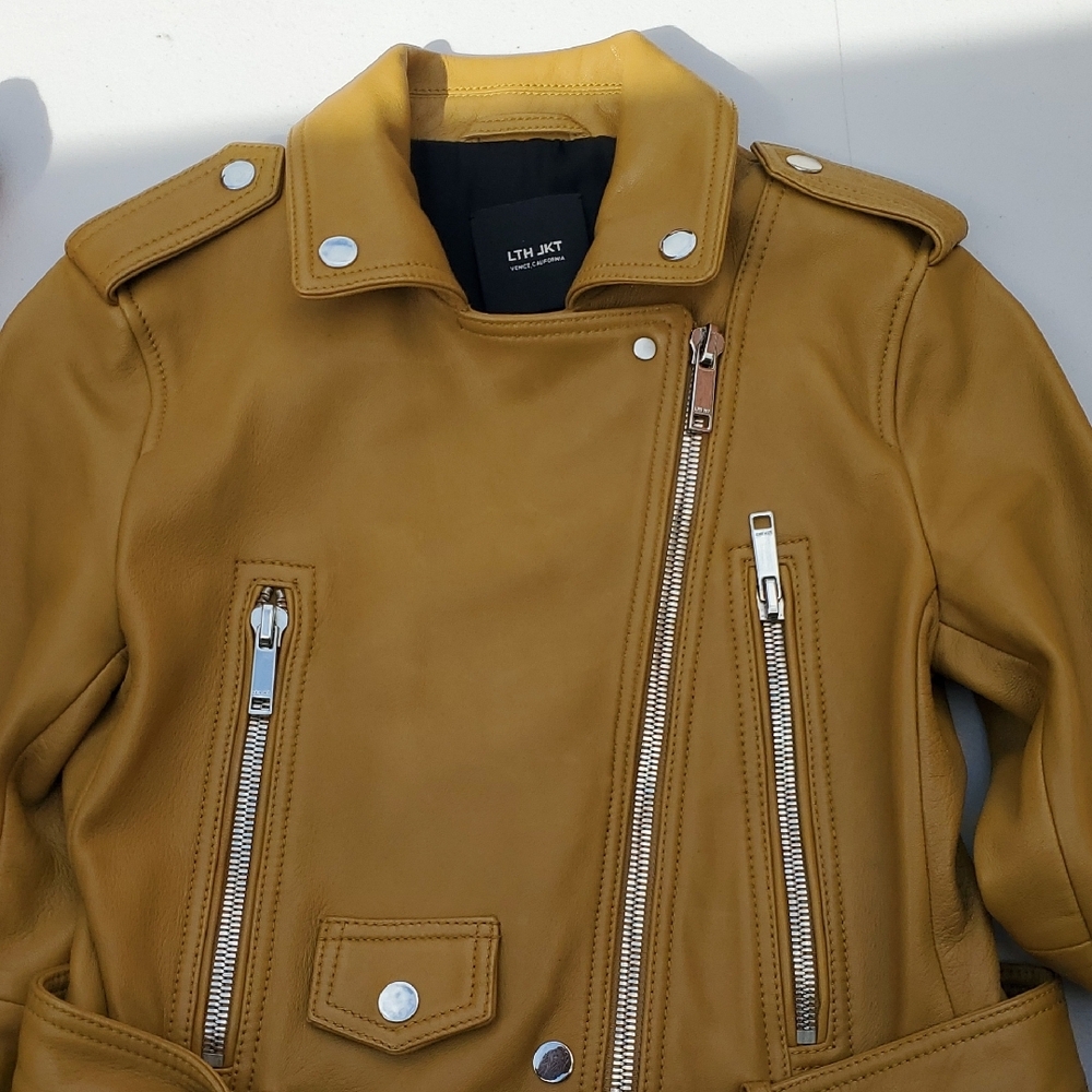 Yellow Leather Moto Jacket Asymmetrical Zipper